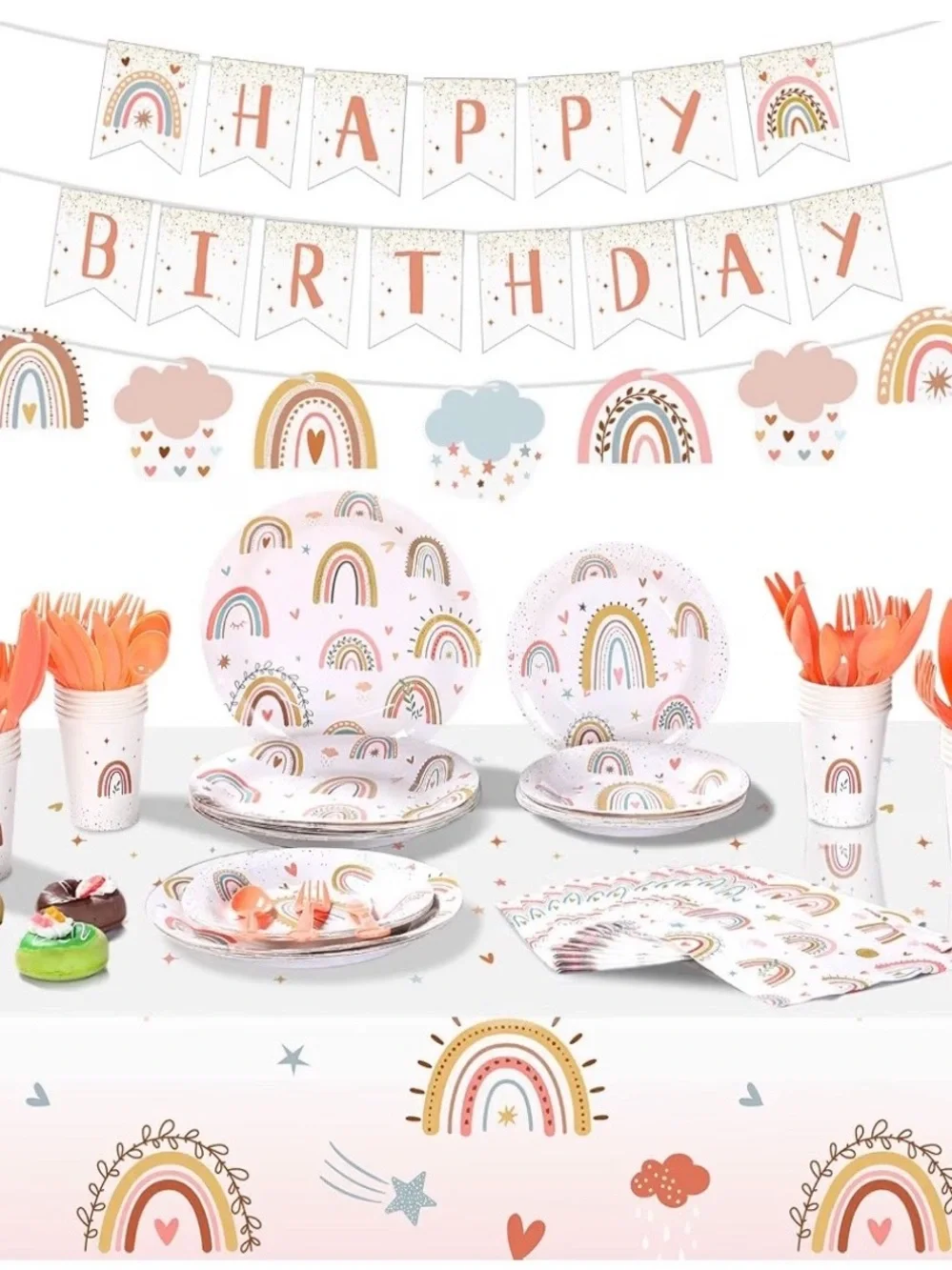 New Boho Rainbow Birthday 145 Piece Party Supplies (2 Sets Available)